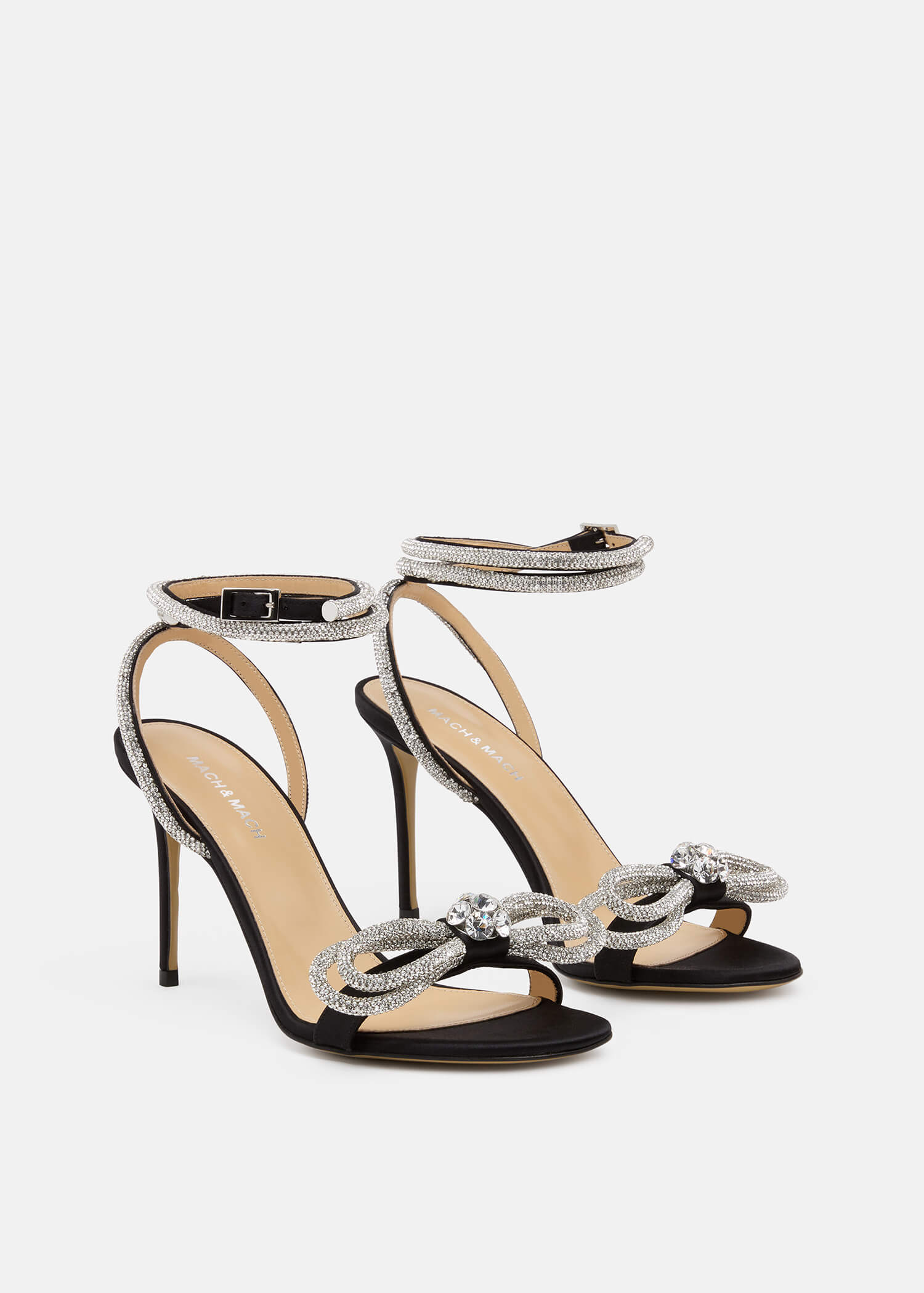 Mach & Mach Double Bow Black Satin Sandals