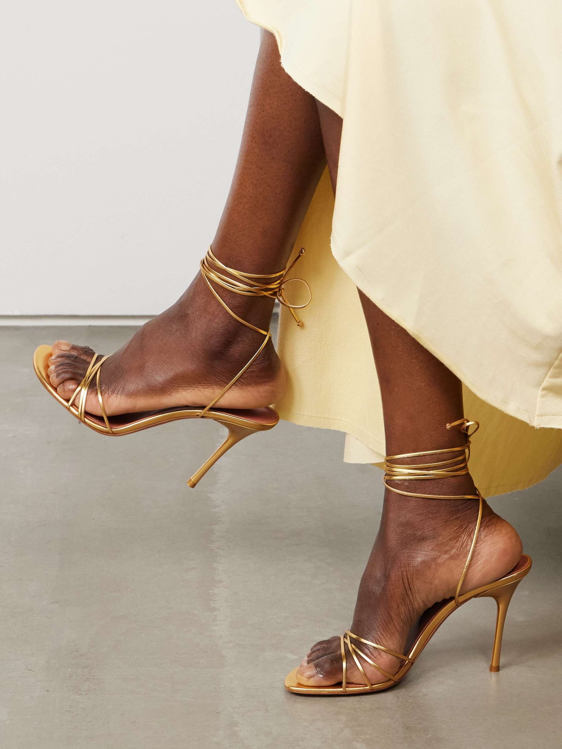 Amina Muaddi Lori Metallic Gold Leather Sandals