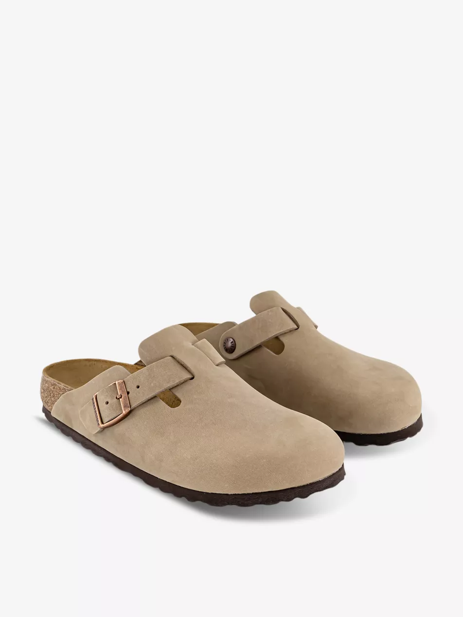 Birkenstock Boston Logo Embossed Tobacco Brown Suede Clogs