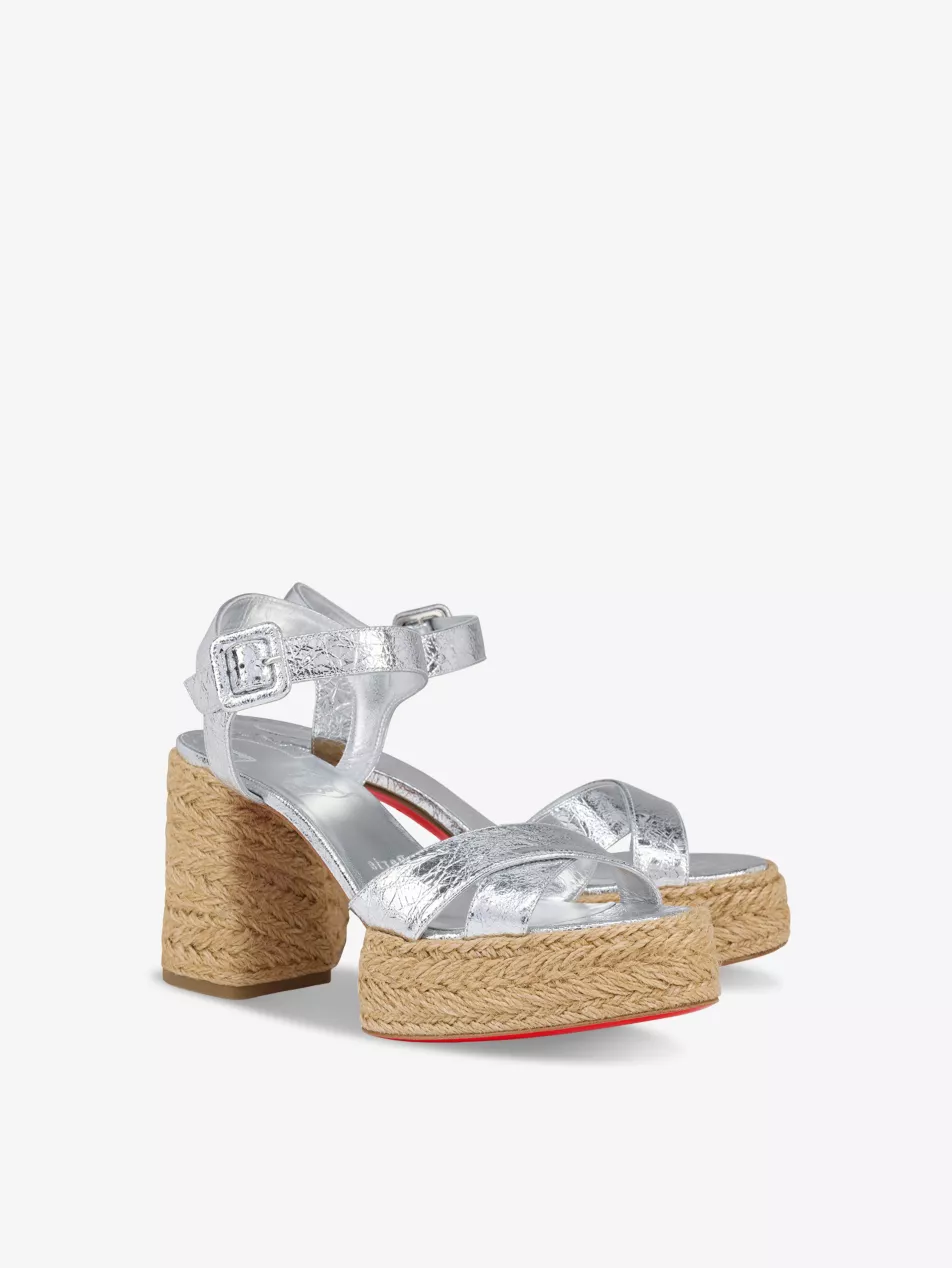 Christian Louboutin Calakala 85 Silver Leather Heeled Espadrilles
