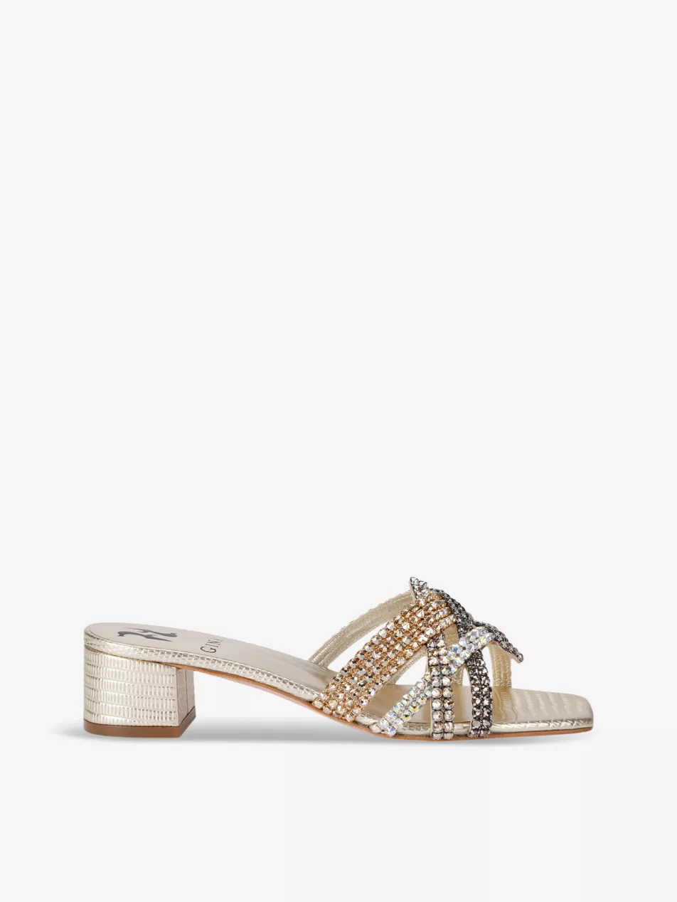 Gina Roma Swarovski Crystal Gold Leather Heeled Mules