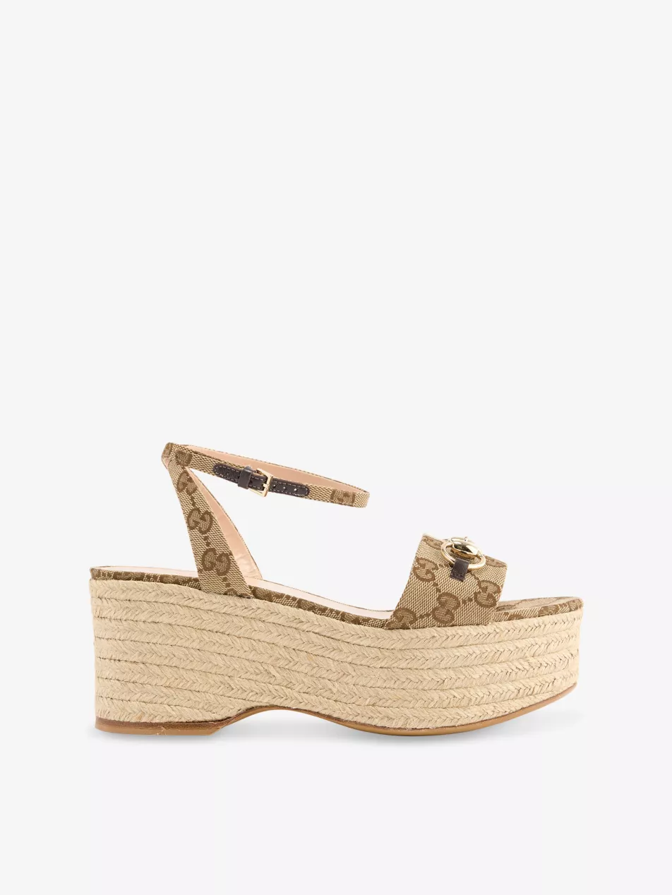 Gucci Horsebit Beige Ebony Cocoa Canvas Wedge Espadrilles