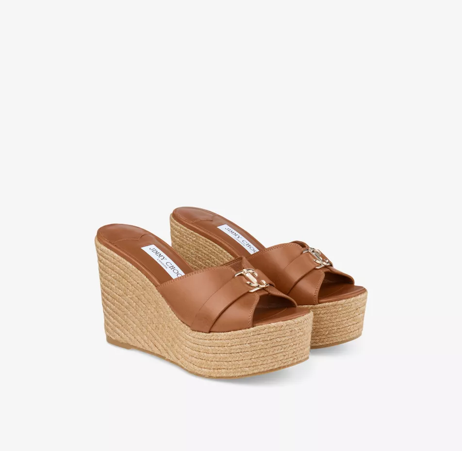 Jimmy Choo Leda Wedge 100 Tan and Gold Leather Mules