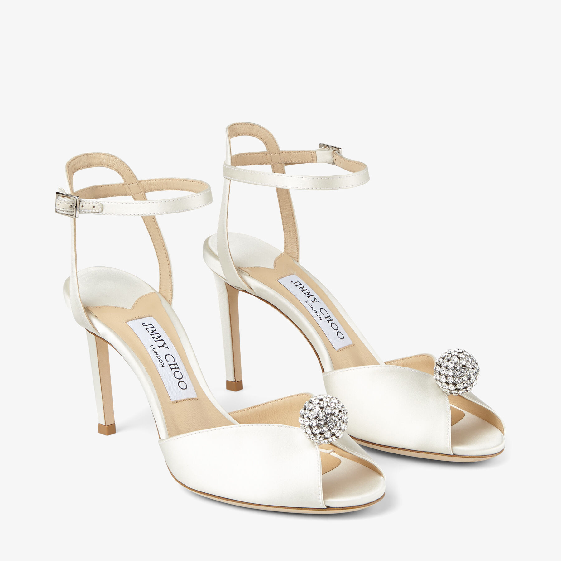 Jimmy Choo Sacora 85mm Ivory Satin Crystal Embellished Sphere Sandal