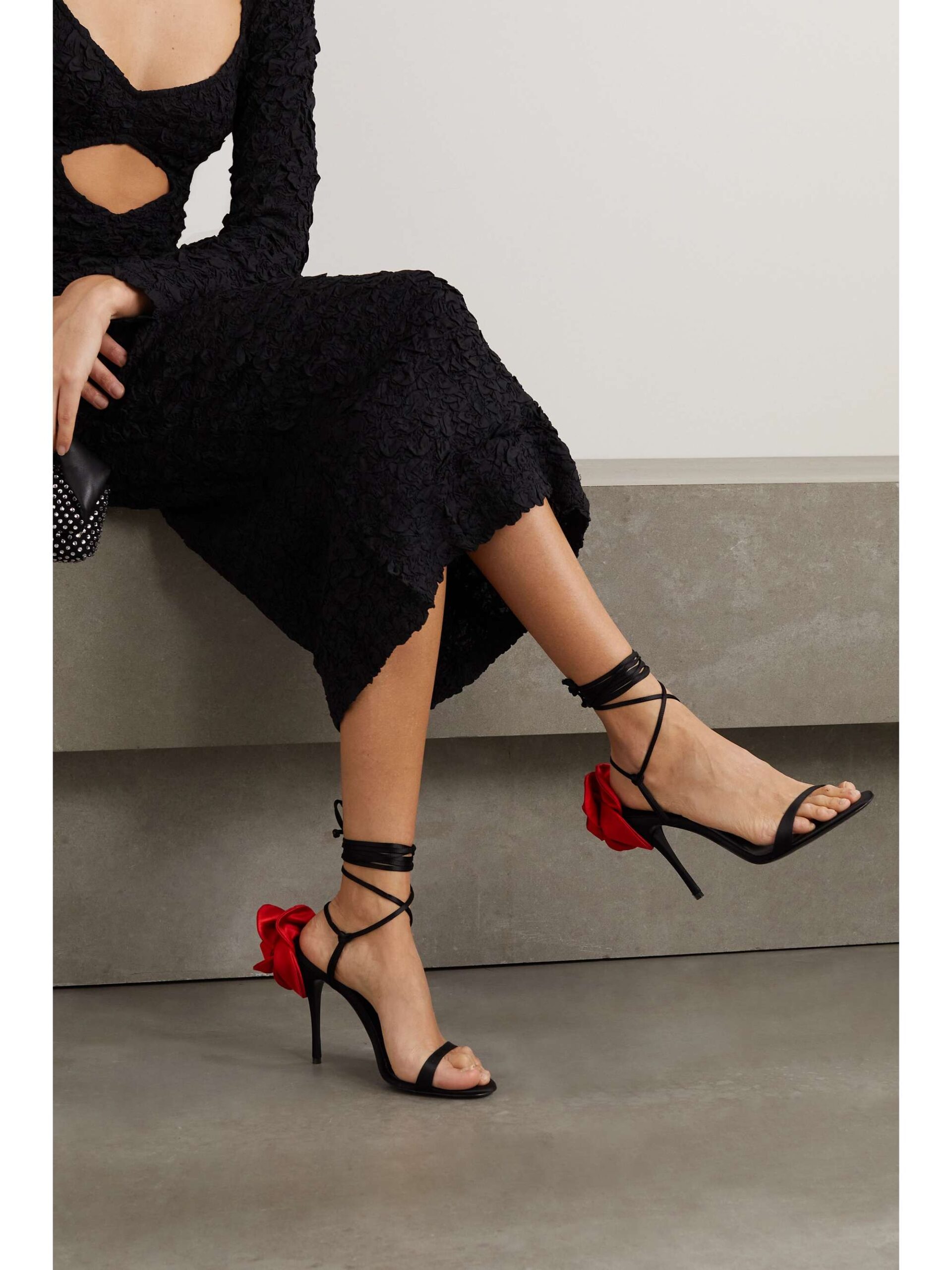 Magda Butrym Appliqued Black Lace-up Satin Sandals