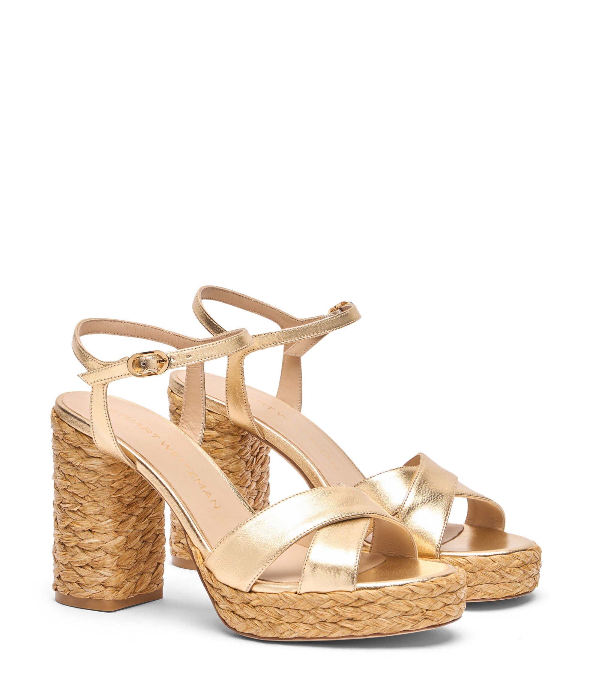 Stuart Weitzman Dayna Gold & Natural Raffia Platform Sandal