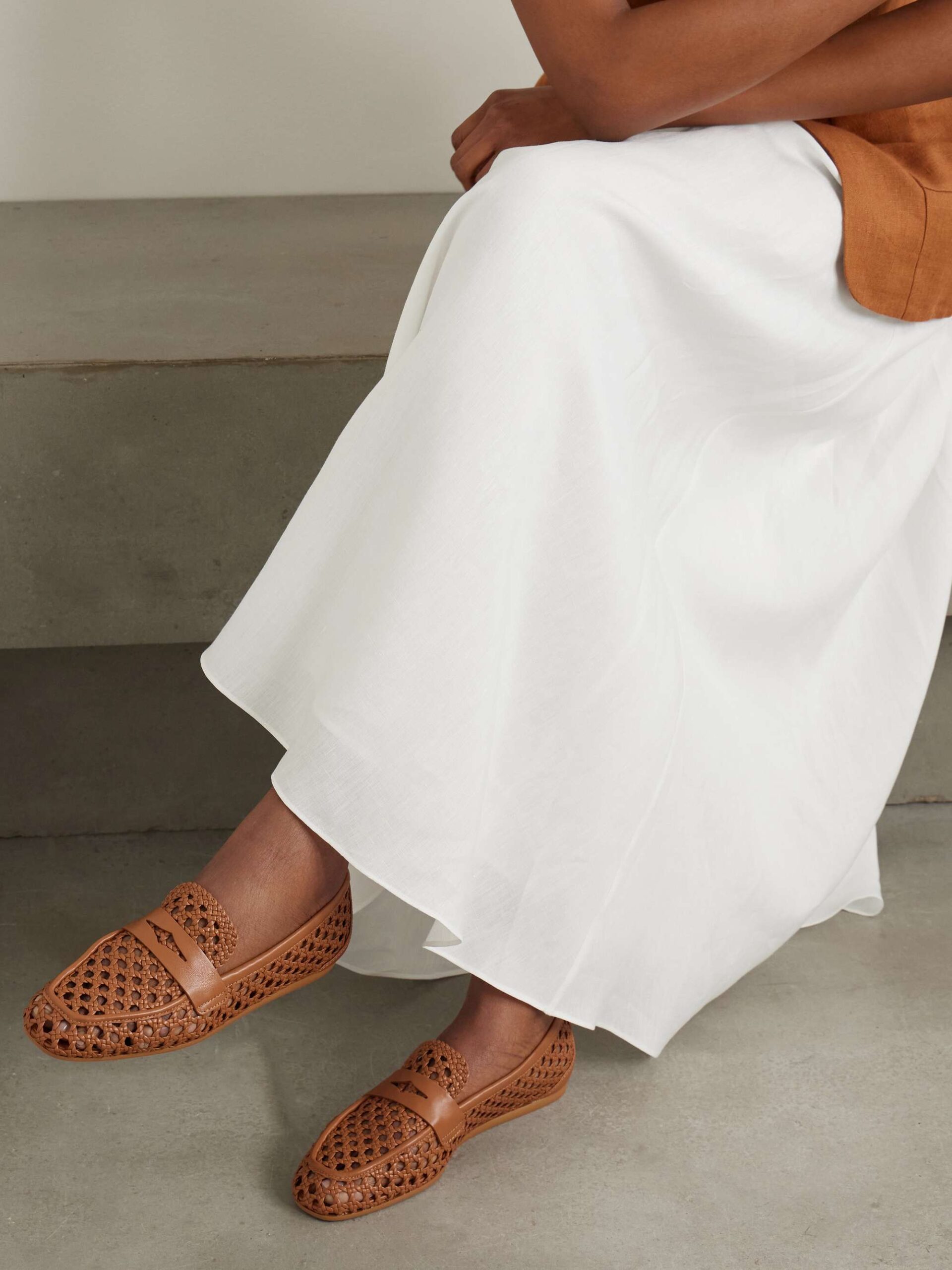 Stuart Weitzman Thea Woven Tan Leather Loafers