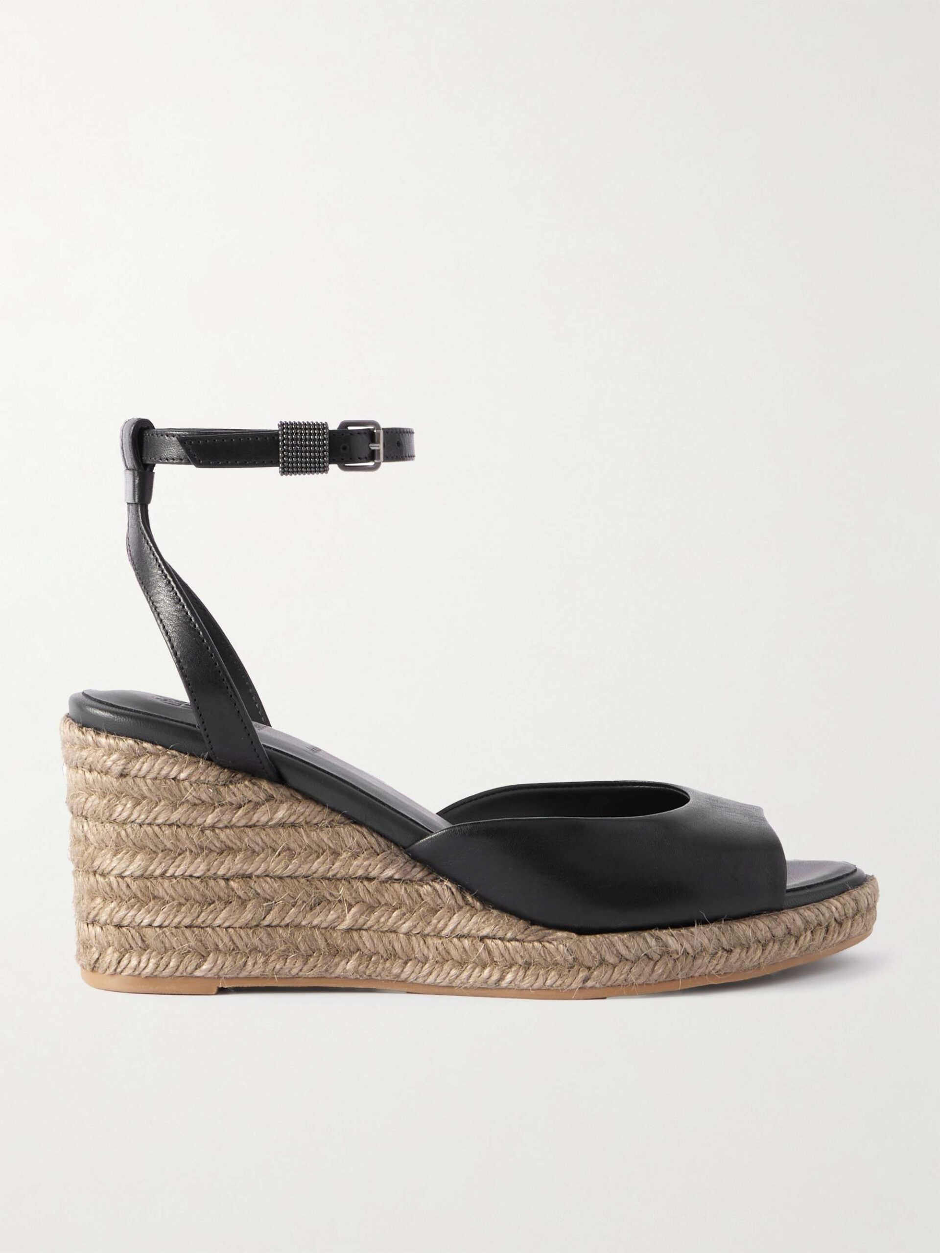 Brunello Cucinelli Bead Embellished Black Leather Wedge Espadrilles