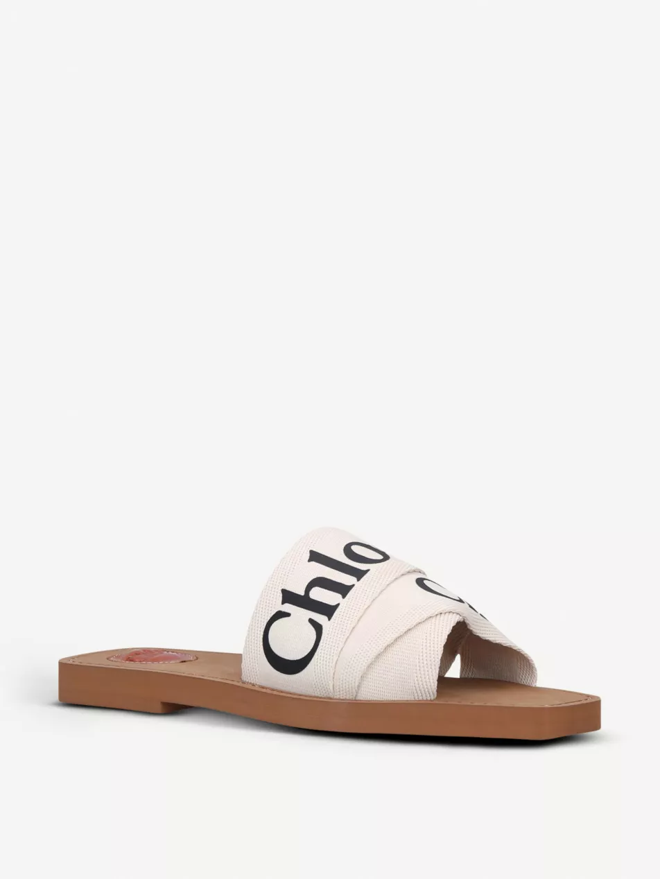 Chloé Woody Logo Print White Canvas Sandals