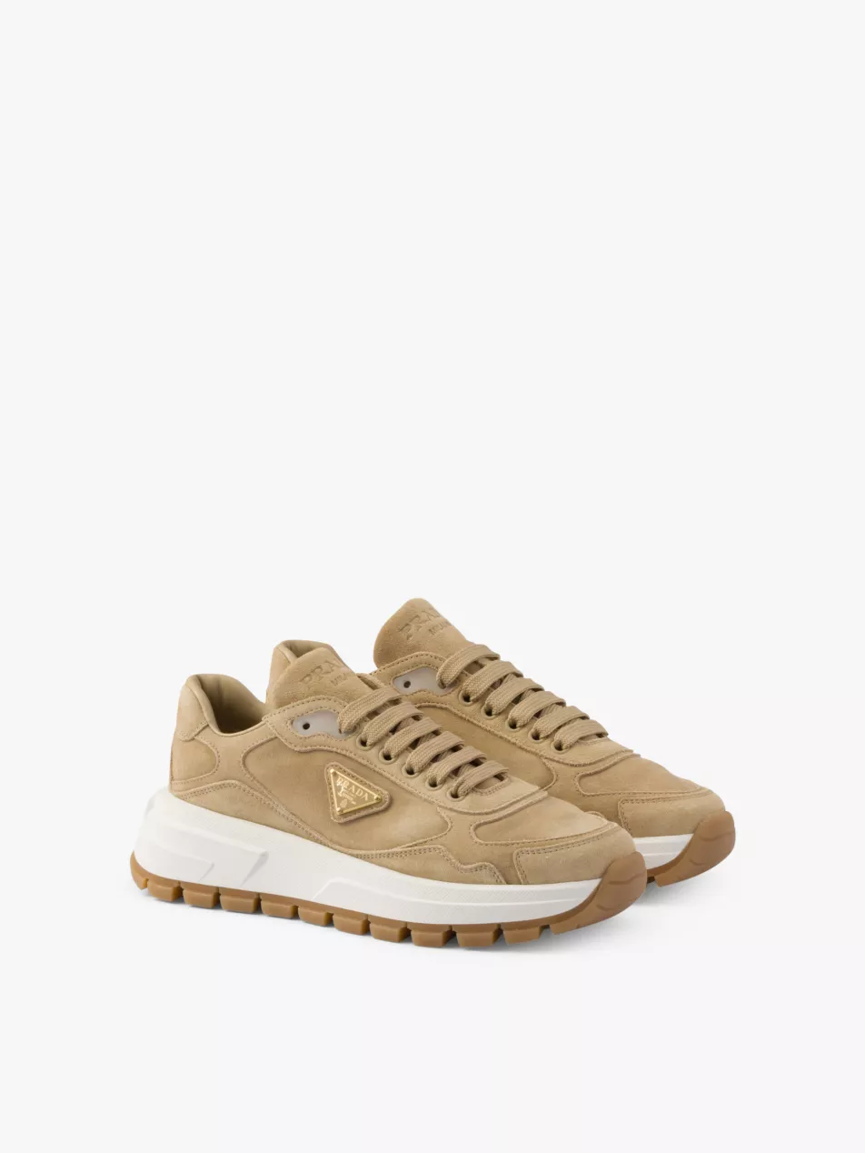 Prada Prax 01 Logo Plaque Neutral Suede Low Top Sneakers