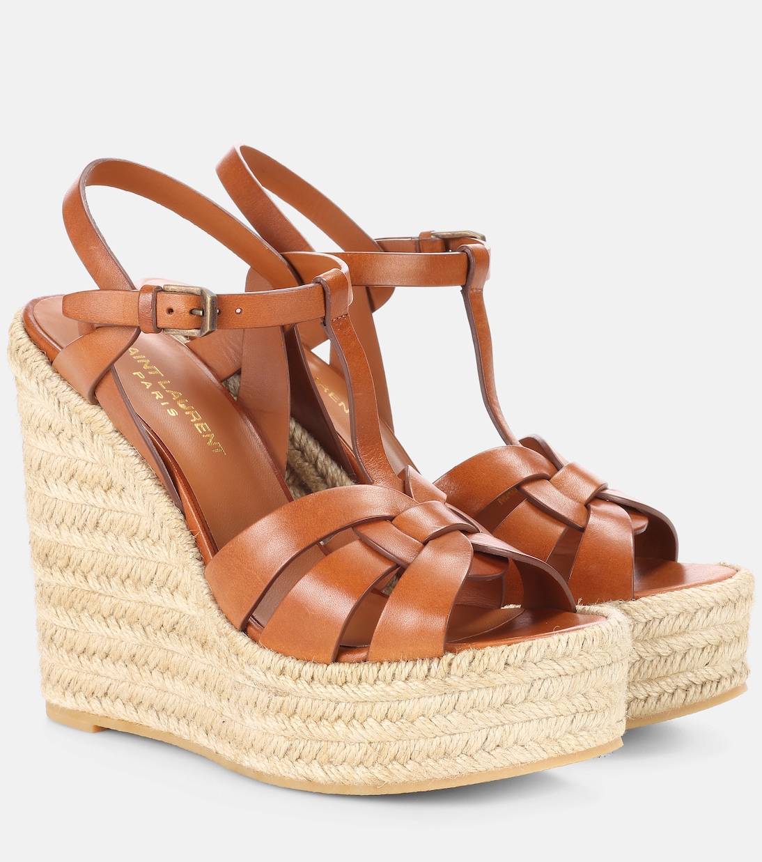 Saint Laurent Tribute 130mm Brown Leather Espadrille Wedges