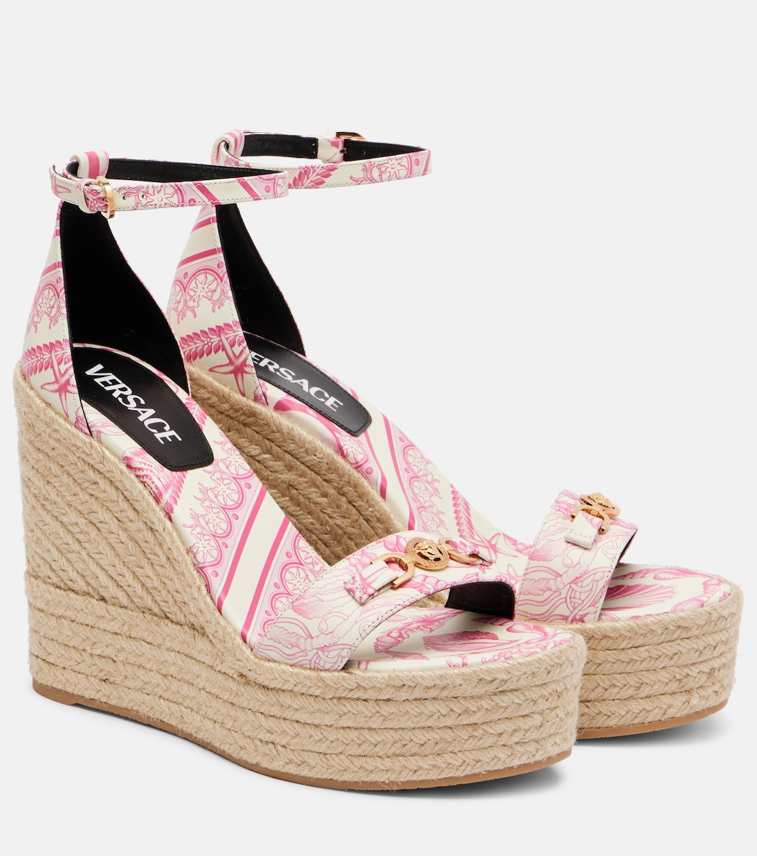 Versace Medusa 95mm White & Pink Leather Espadrille Wedges